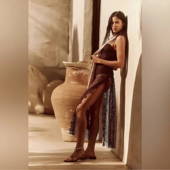 Free People Smoke & Mirrors Bodysuit Lace Cover Chocolate Maxi Dress Small - Picture 1 of 7